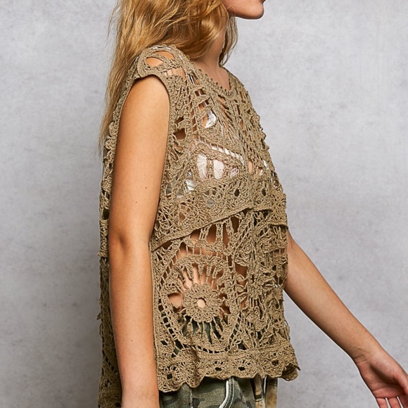 New POL Openwork Floral Crochet SleevelessTank Top Scalloped Oversize Shirt ! - Picture 4 of 7